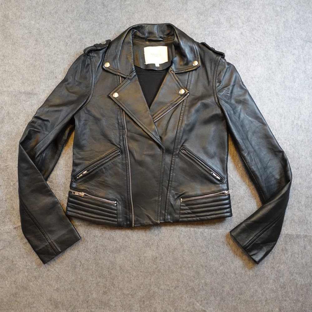 Maje Jacket Women US Medium FR 38 Black Basalt Lamb Leather Moto Biker Lambskin